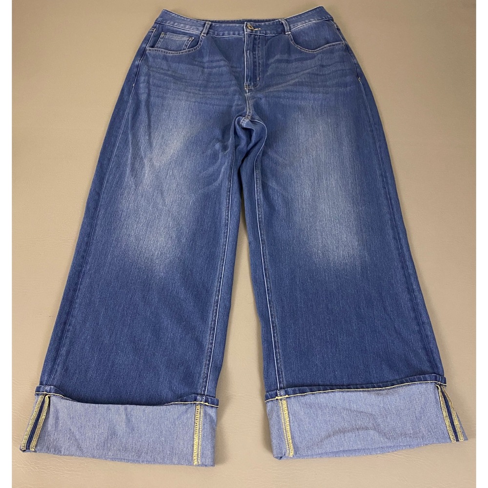 Halara Jeans Size Large Flex High Waisted Pockets Rolled Hem Wide Leg Washed